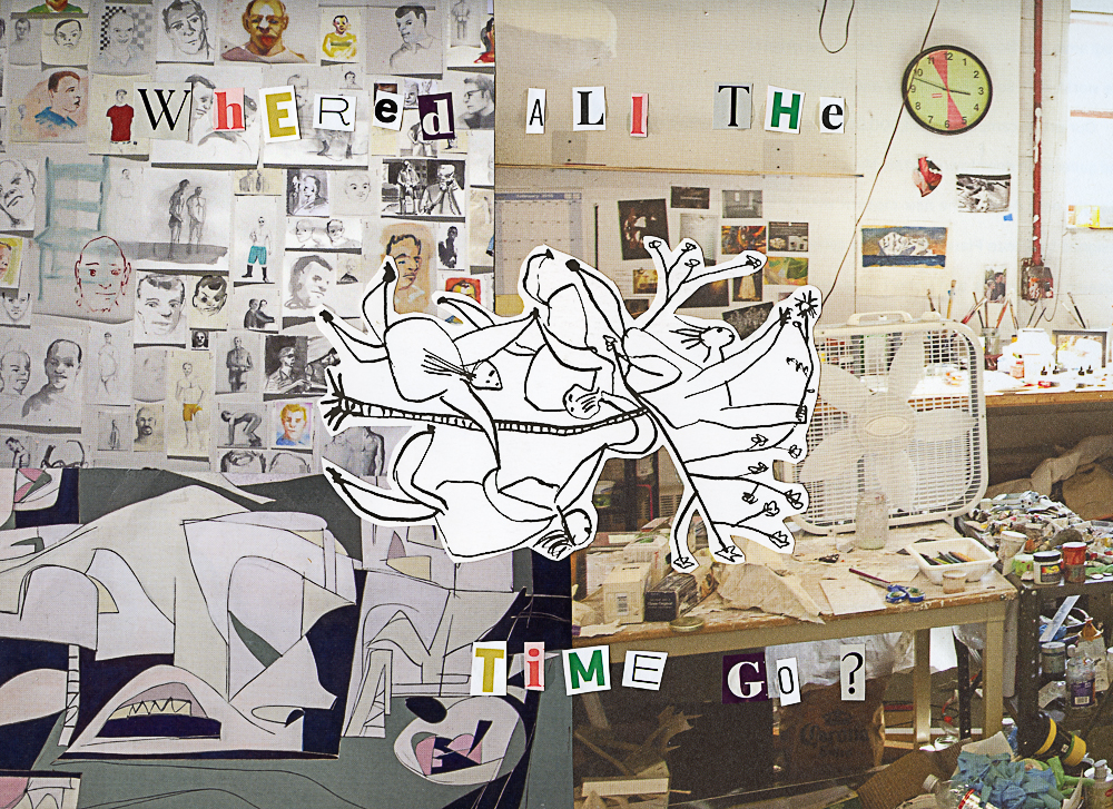 a collage consisting of images of art studios and sketches with text over the top reading "where'd all the time go?"