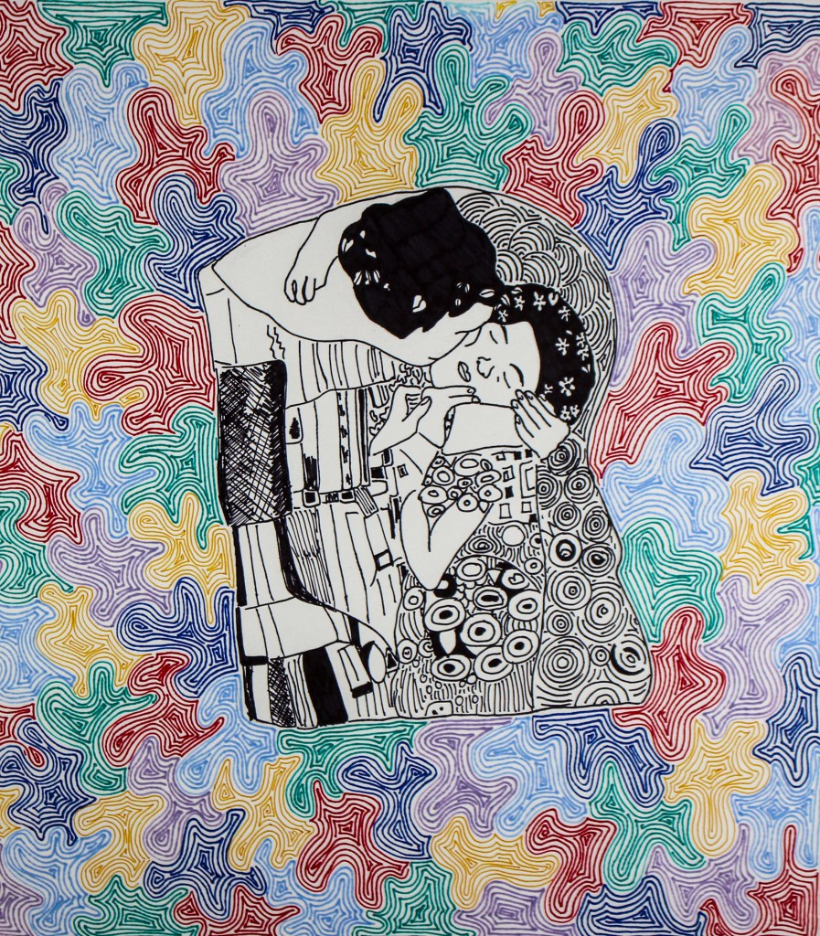 a simplified black and white version of gustav klimt's "the kiss" with a complex, colored, curving line background